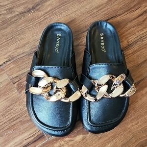 MISS LOLA BAMBOO Chunky Chain Detail Black Slip On Flats Size 6